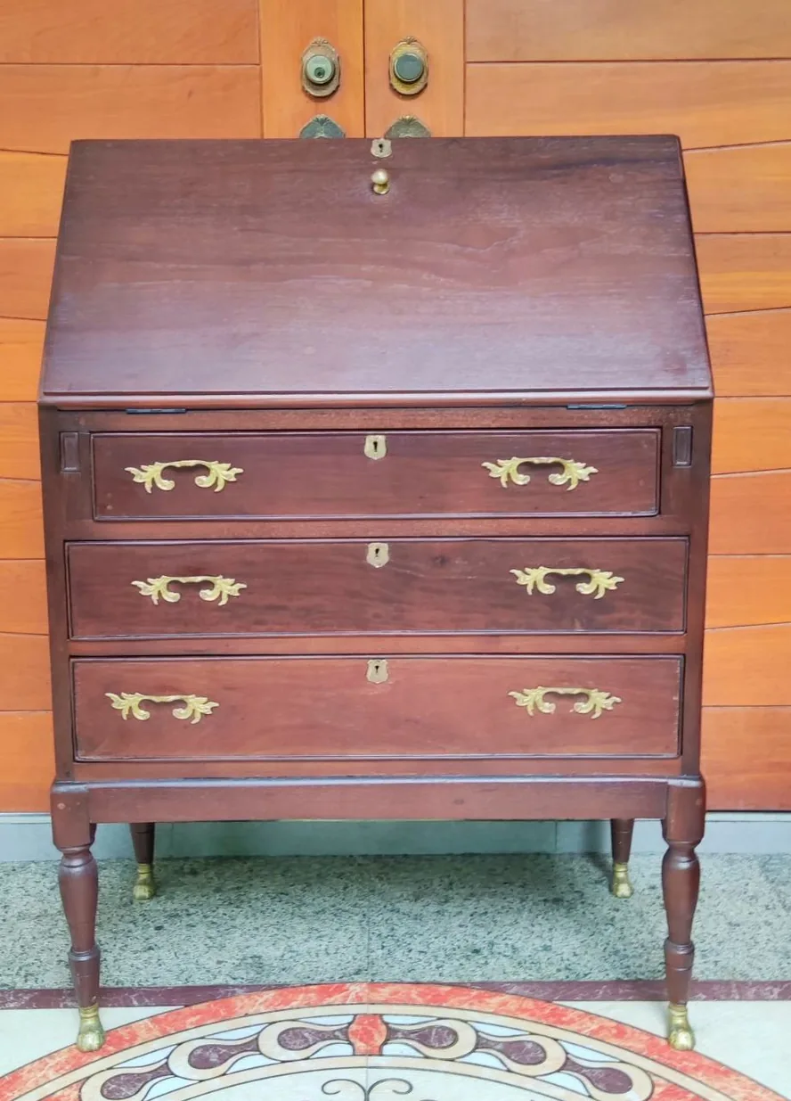 The restored bureau closed, in its original teak finish