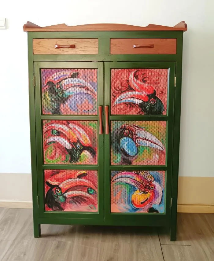 Olive-green pie safe with hand-painted Myanmar hornbills on six mesh panels