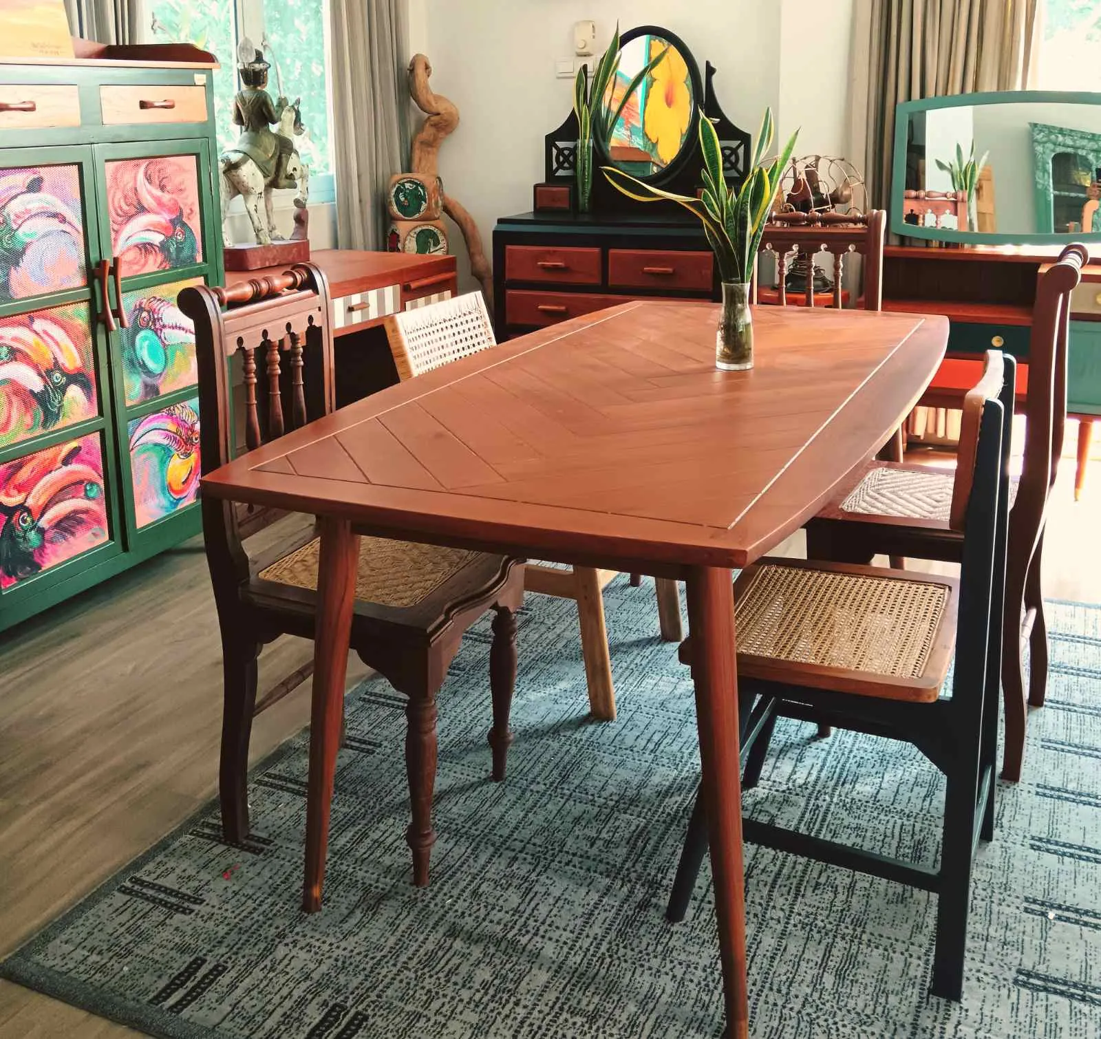 Scandi herringbone dining table set available to rent
