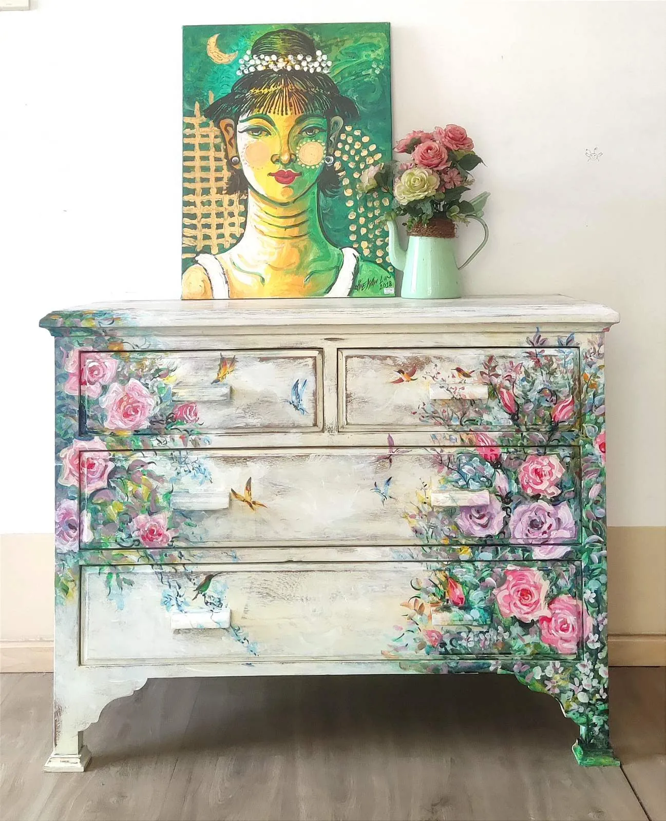 Cream chest of drawers hand-painted with pink roses and greenery