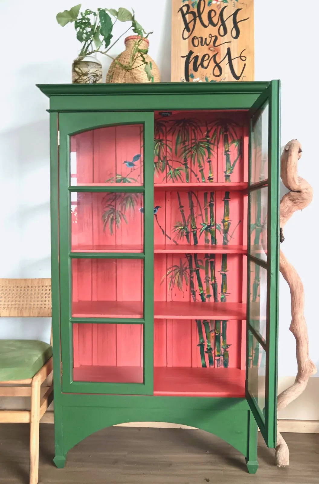 Hand-painted bamboo inside a green upcycled cabinet