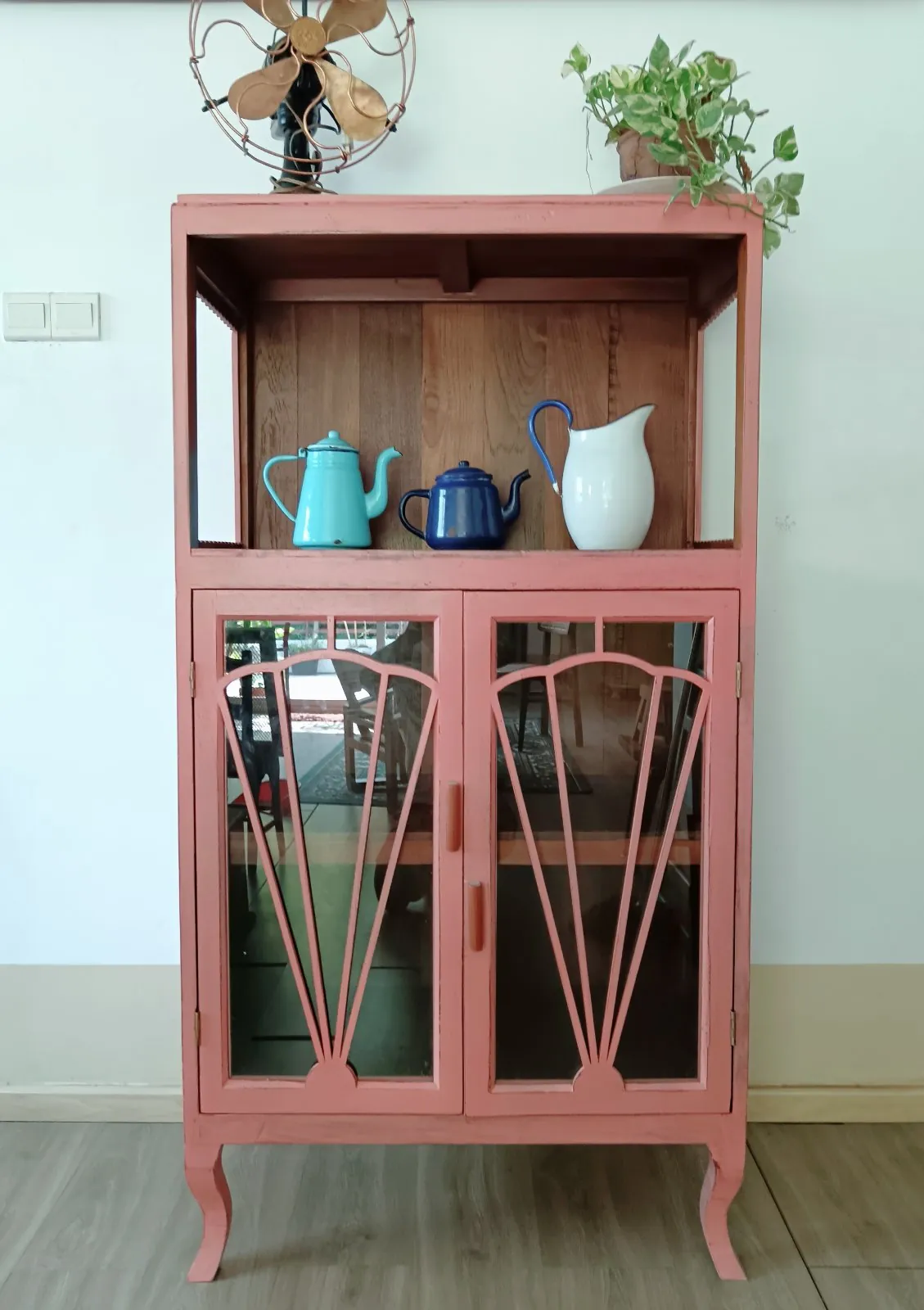 Dusty-pink upcycled cabinet with art deco glass doors